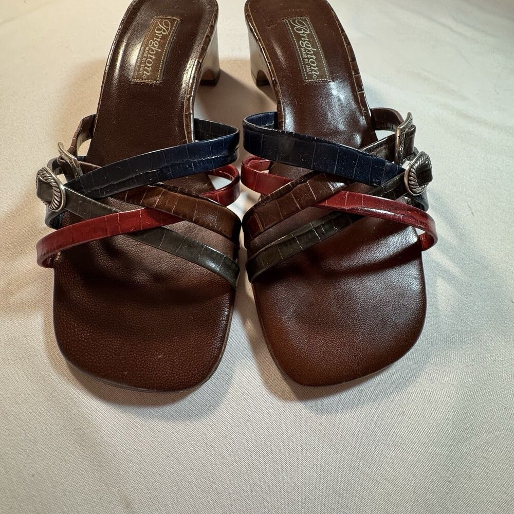 Brighton Angie Leather Sandals Size 7.5 Made Italy Multicolor Slide Heels Mule
